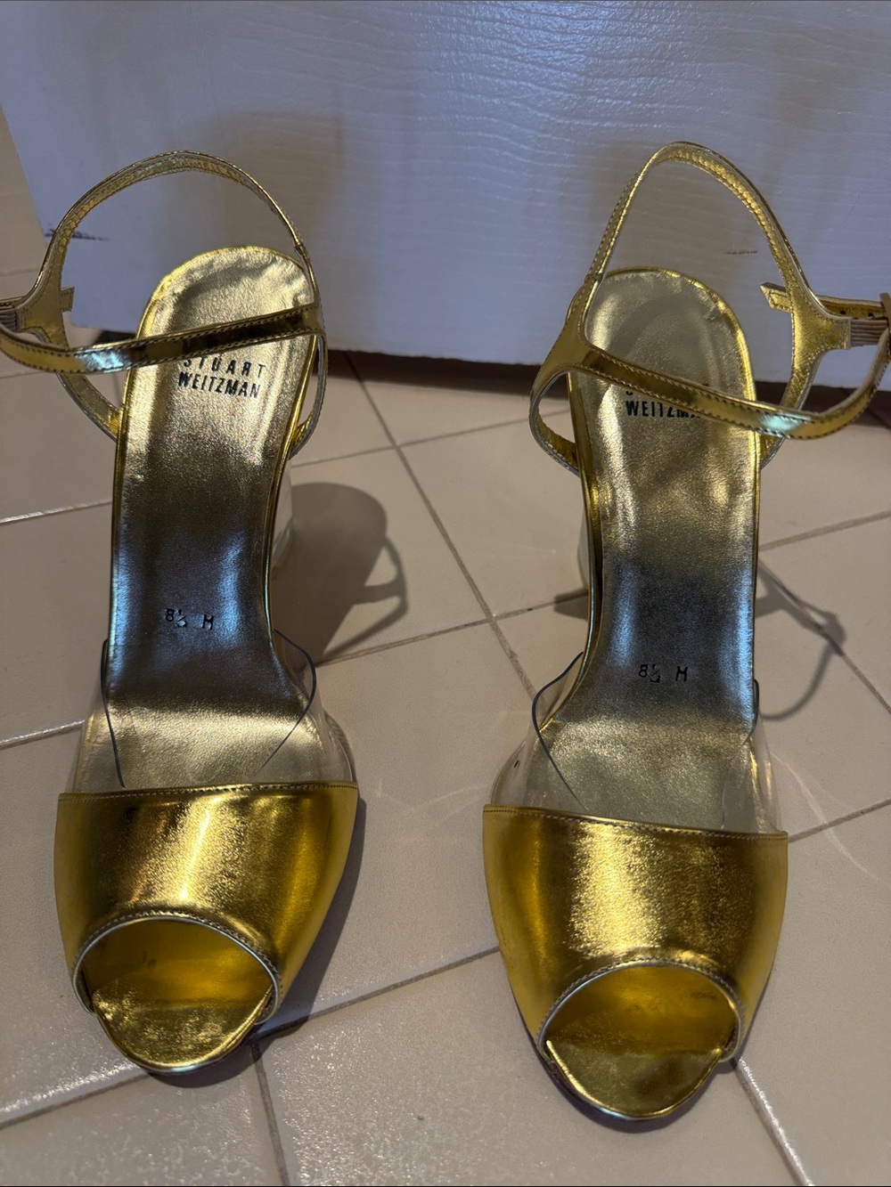 Stuart Weitzman Gold Metallic Open-Toe Ankle-Strap Heels